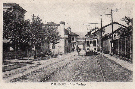Cartolina storica della tranvia elettrica di Druento negli anni Trenta